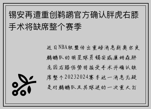 锡安再遭重创鹈鹕官方确认胖虎右膝手术将缺席整个赛季
