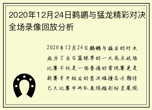 2020年12月24日鹈鹕与猛龙精彩对决全场录像回放分析