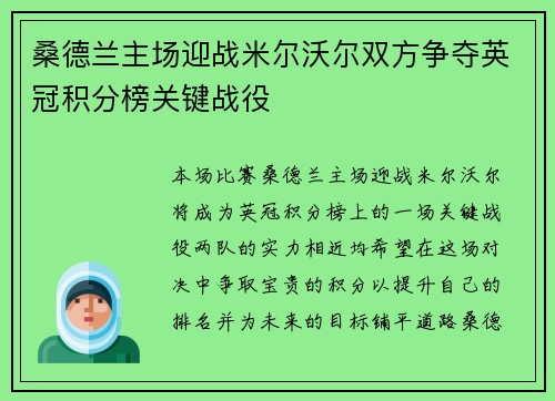 桑德兰主场迎战米尔沃尔双方争夺英冠积分榜关键战役